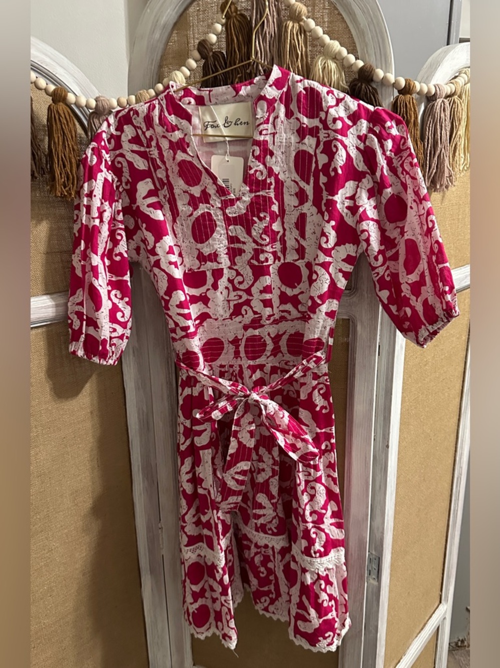 Fawn & Bow Pink and White Printed Tie-Waist Dress